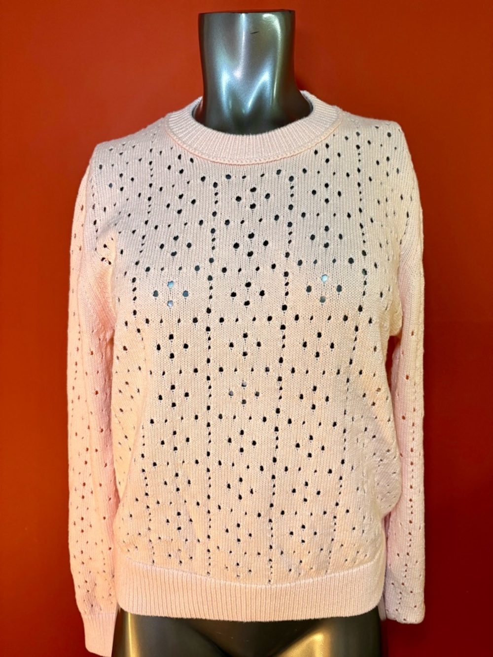 Point Sur Crewneck Pointelle Knit Sweater in Soft Pink